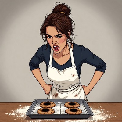 Angry woman in apron with cookies
