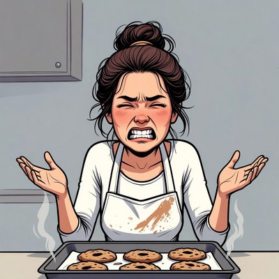 Frustrated Asian woman with burnt cookies