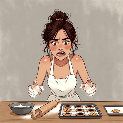 Woman surprised by burnt cookies baking