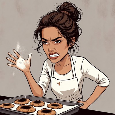 Angry woman baking cookies with flour