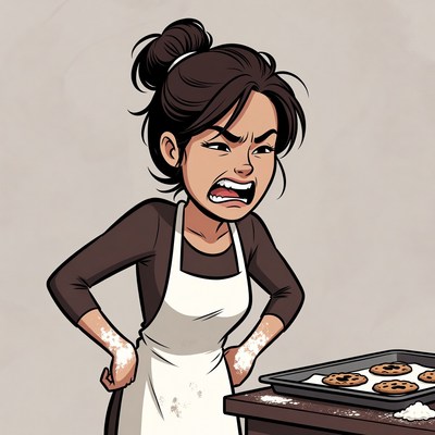 Angry Asian woman in apron with cookies