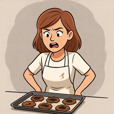 Woman in apron shocked by burnt cookies