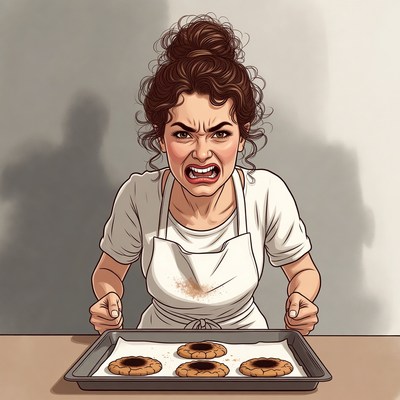 Angry woman baker with cookies
