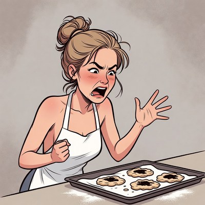 Angry woman in apron with burnt cookies