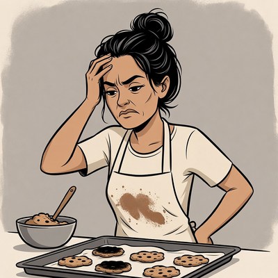 Frustrated woman in apron with cookies