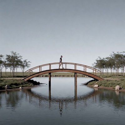 Man walking on wooden arched bridge