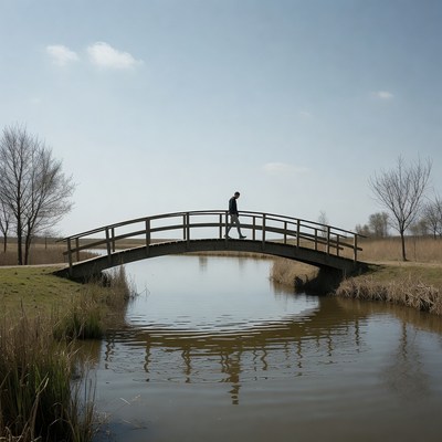 Man walking on wooden bridge