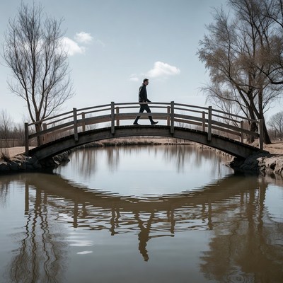 Man walking on wooden bridge