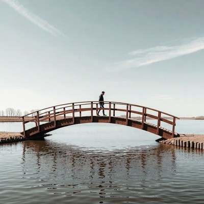 Man walking on wooden arched bridge