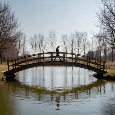 Man walking on wooden bridge