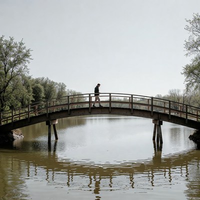 Man walking on wooden bridge over pond