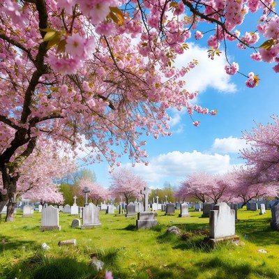 Cherry Blossoms Over Cemetery