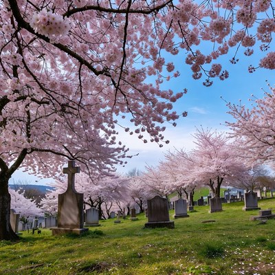 Cherry Blossoms Over Cemetery Gravestones