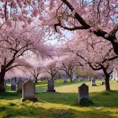 Cherry Blossoms Over Cemetery Gravestones