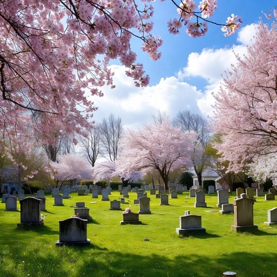 Cherry Blossoms Over Cemetery