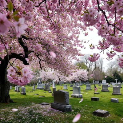 Cherry Blossoms Over Cemetery Gravestones