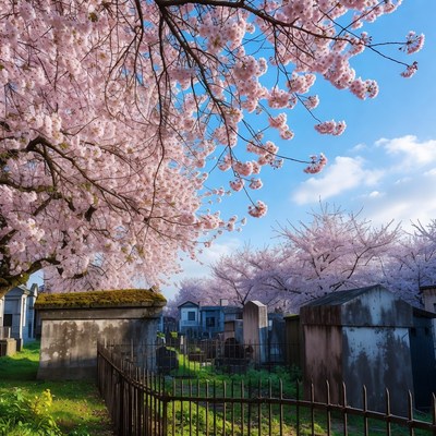 Cherry Blossoms Over Cemetery