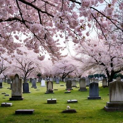 Cherry Blossoms Over Cemetery Gravestones