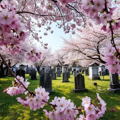Cherry Blossoms Over Cemetery