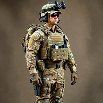 Soldier in Camouflage Gear with Night Vision