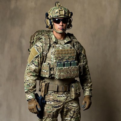 Soldier in Camouflage Gear with Pistol