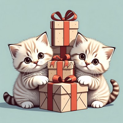 Kittens with stacked Christmas gifts