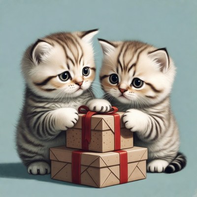 Two Kittens Holding Gift Box