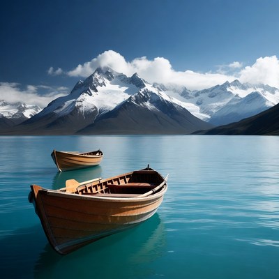 Rowboats on turquoise lake with snowy mountains