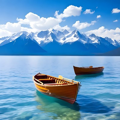 Two Wooden Rowboats on Mountain Lake