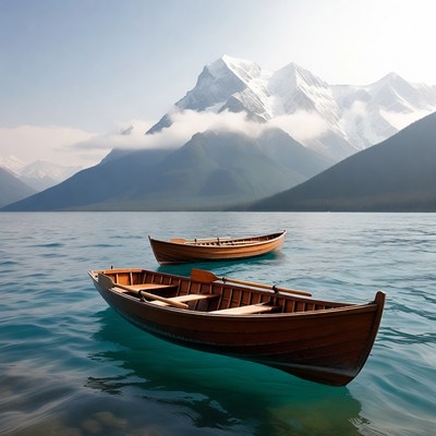 Two Wooden Boats on Mountain Lake