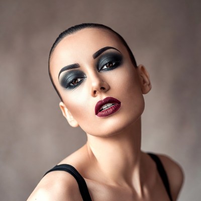 Shaved-head woman with dramatic smoky makeup