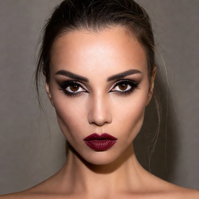 Woman with dark smoky eyes and burgundy lips