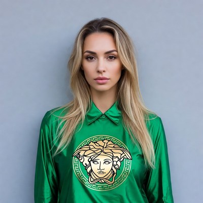 Woman in Versace Medusa green shirt