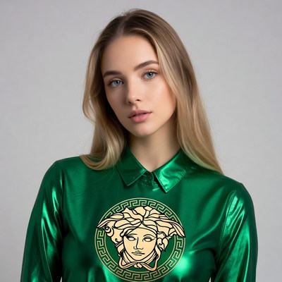 Woman in Versace Medusa green shirt