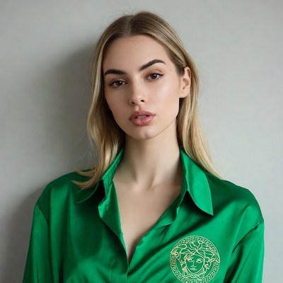 Blonde woman in green Versace shirt
