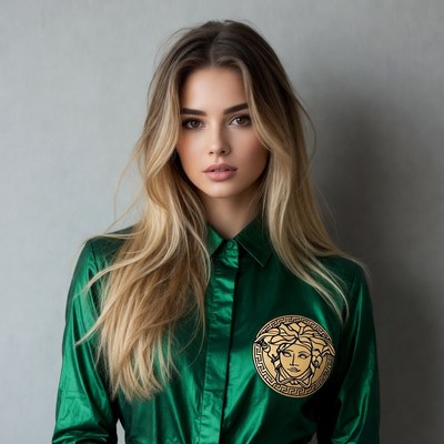 Blonde woman in green Versace shirt