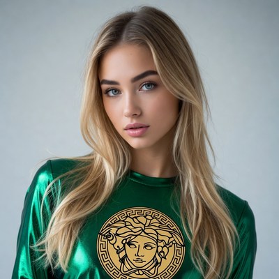 Blonde woman in Versace green top