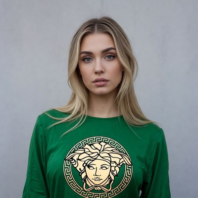 Blonde woman in Versace green t-shirt