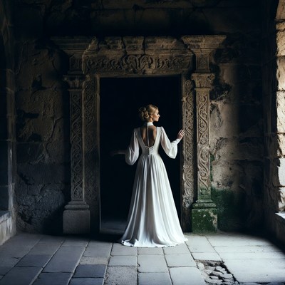 Woman in white gown at ancient doorway