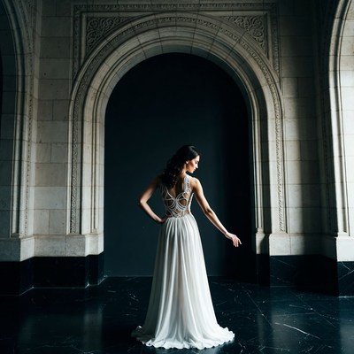Woman in white backless gown archway