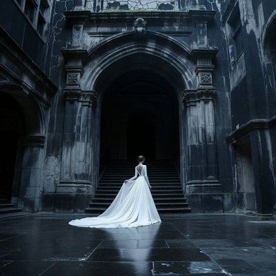 Woman in white gown ascending dark castle stairs