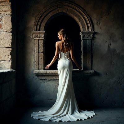 Woman in white gown at ancient window