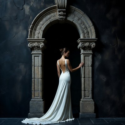 Woman in white gown at stone archway