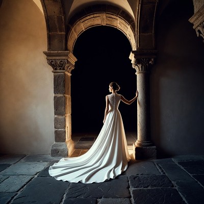Bride in white gown at stone archway