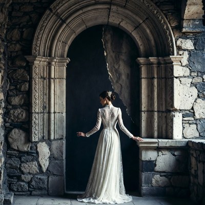 Woman in white gown at stone archway