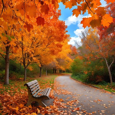 Wooden Bench on Autumn Path