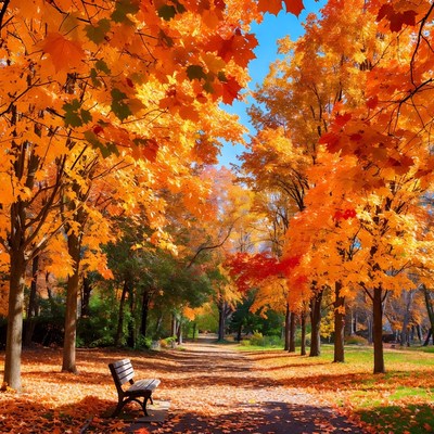 Autumn Park Bench Under Orange Maple Trees