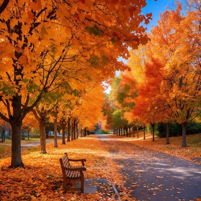 Autumn Tree-Lined Path with Bench