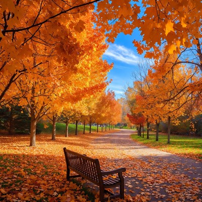 Wooden Bench on Autumn Tree-Lined Path