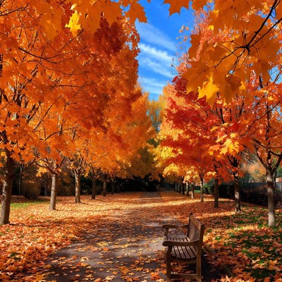 Autumn Tree-Lined Path with Bench